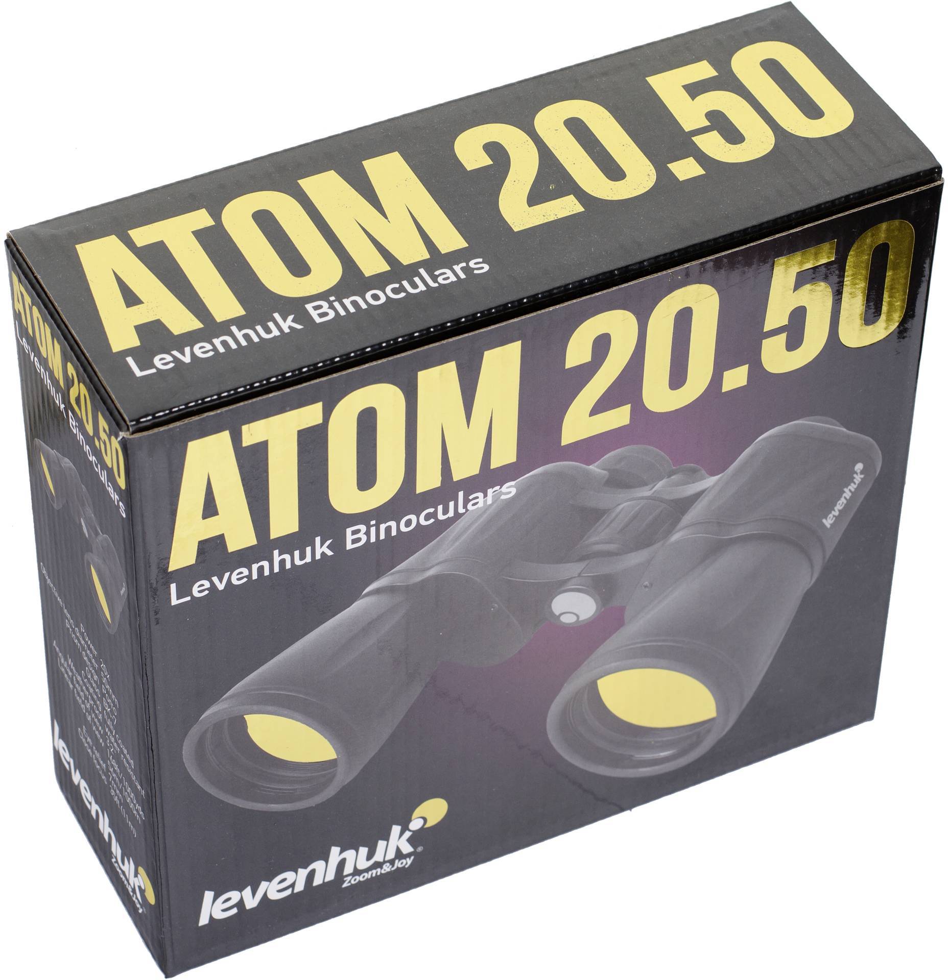 Kartonverpackung eines Fernglases mit der Aufschrift 'ATOM 20.50 Levenhuk Binoculars'. Auf der Vorderseite ist das Fernglas abgebildet.