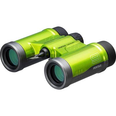 Grünes Fernglas mit schwarzem Fokussierring und Markenaufdruck 'Pentax' an der Seite.