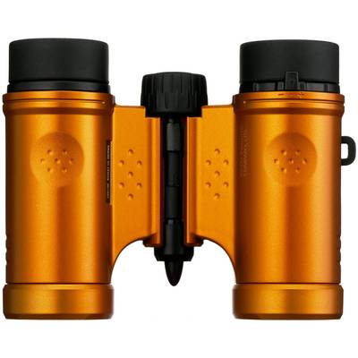Ein kompaktes, orangefarbenes Fernglas mit schwarzen Details, in zusammengeklappter Form dargestellt, geeignet für Outdoor-Aktivitäten.