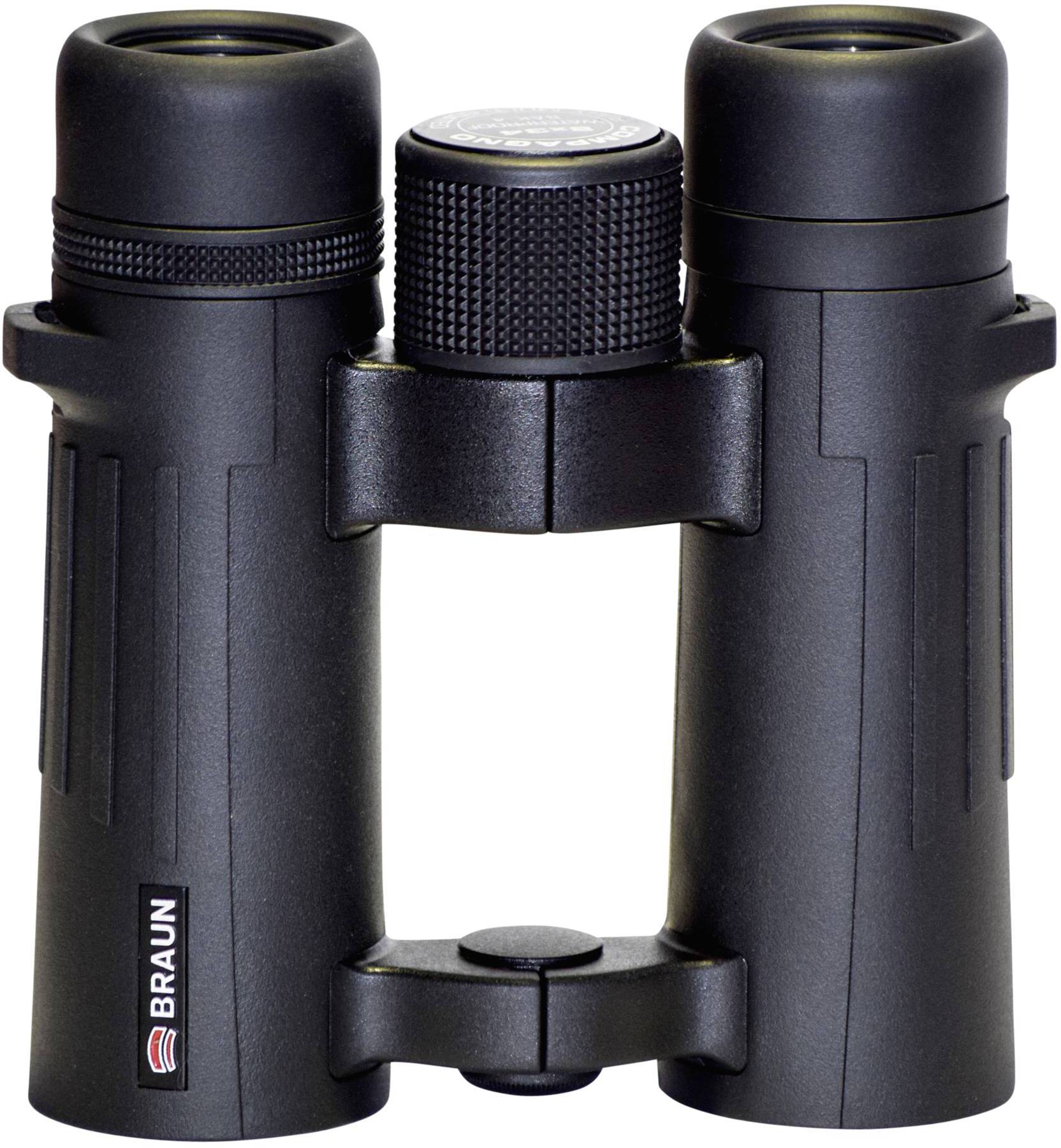 Fernglas mit schwarzem Gehäuse, kompakt und robust, mit zwei Linsen und zentralem Fokussierknopf. Geignet für Outdoor-Aktivitäten.