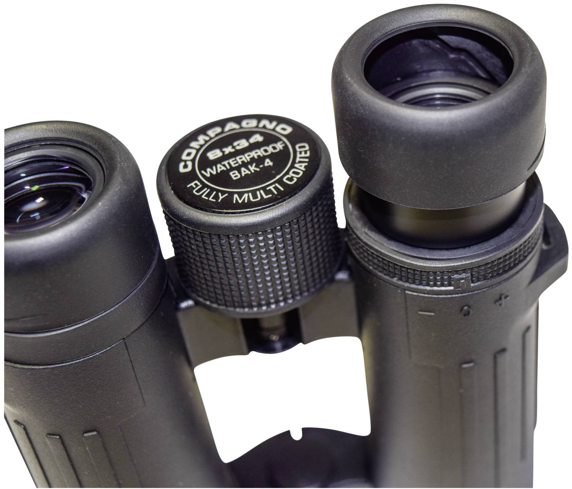 Fernglas mit Beschriftung 'COMPAGNO BAK-4 FULLY MULTI COATED', zeigt wasserfestes Gerät mit Drehregler zwischen Okularen.