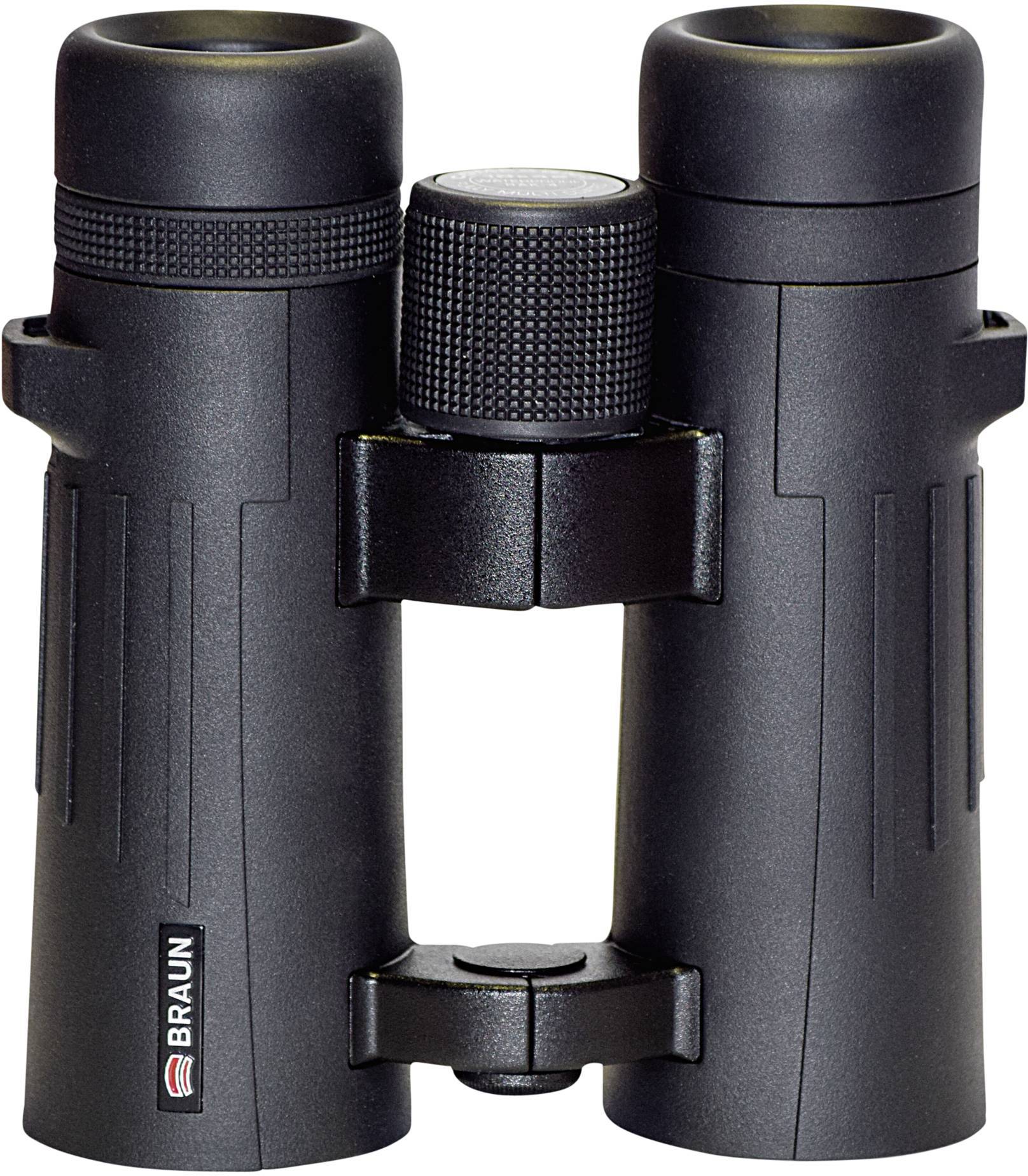 Fernglas in schwarzer Farbe, stehend, mit Markenlogo auf der linken Seite. Eignet sich für die Vogelbeobachtung oder Outdoor-Aktivitäten.