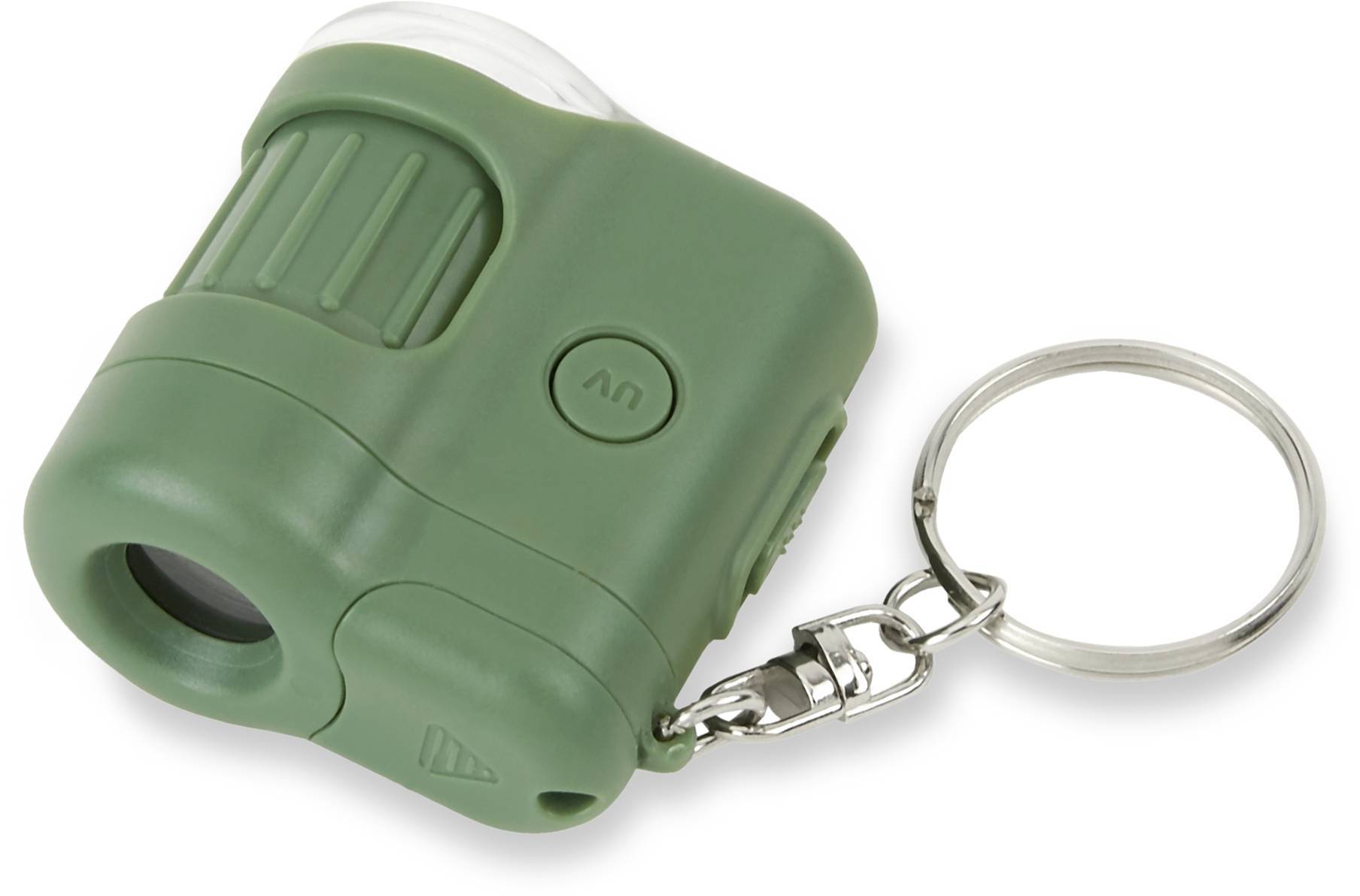 Kleiner, grüner LED-Lupenschlüsselanhänger mit UV-Licht, ideal für unterwegs.
