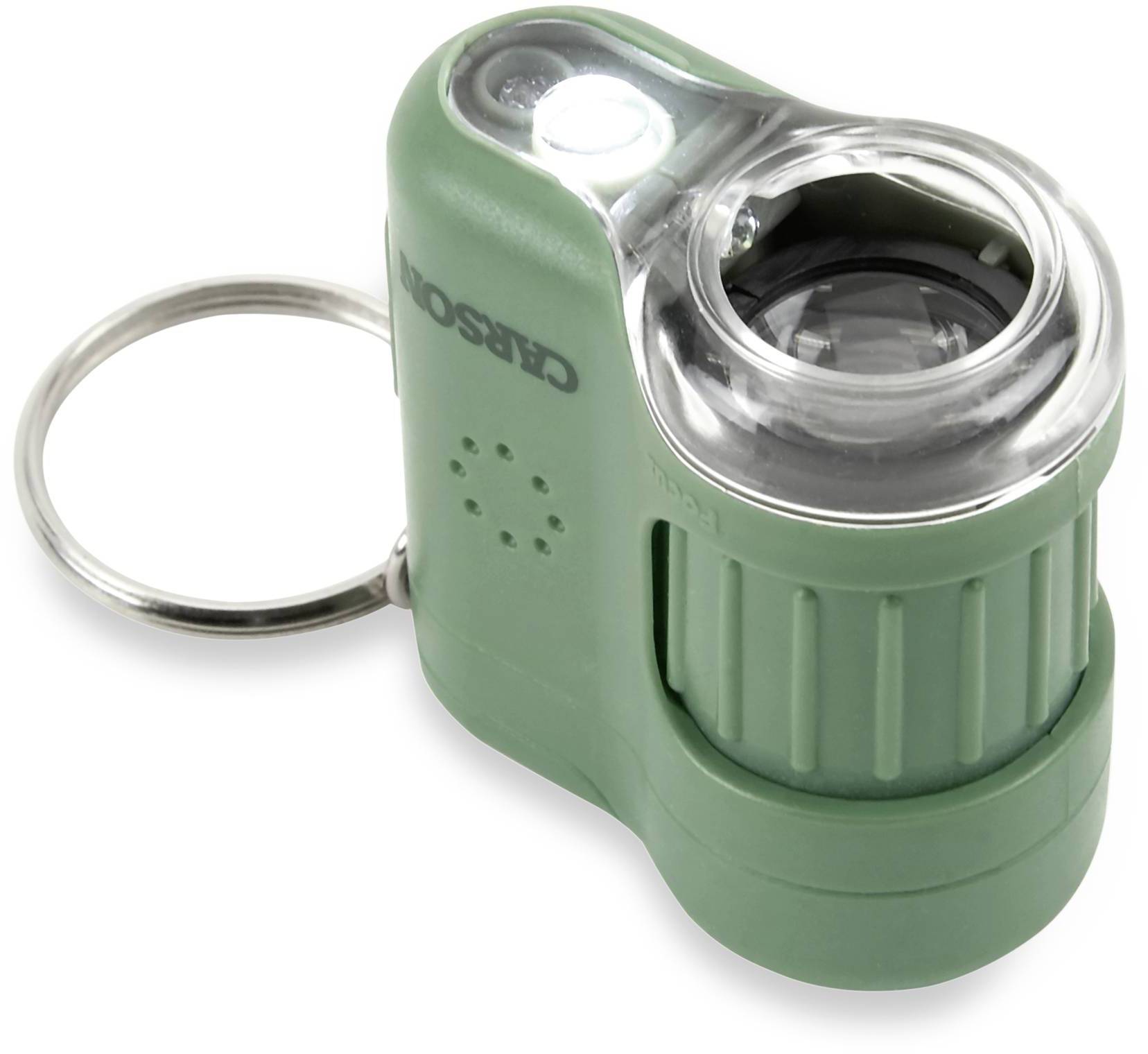 Ein kompakter, mintgrüner Taschenlampenschlüsselanhänger mit einer kleinen LED-Leuchte und einem verchromten Ring.