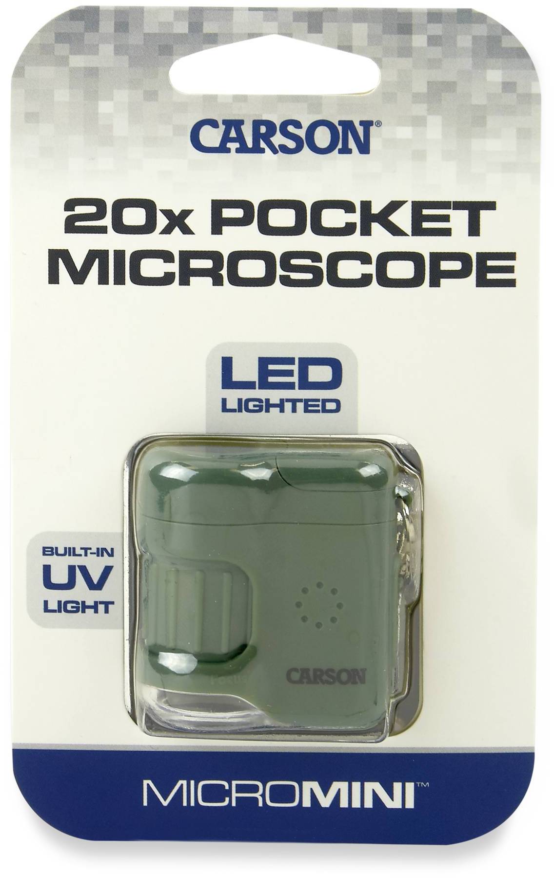 'Carson 20x Pocket Microscope' mit LED-Beleuchtung in Verpackung. Integriertes UV-Licht. Kompaktes, tragbares Design.