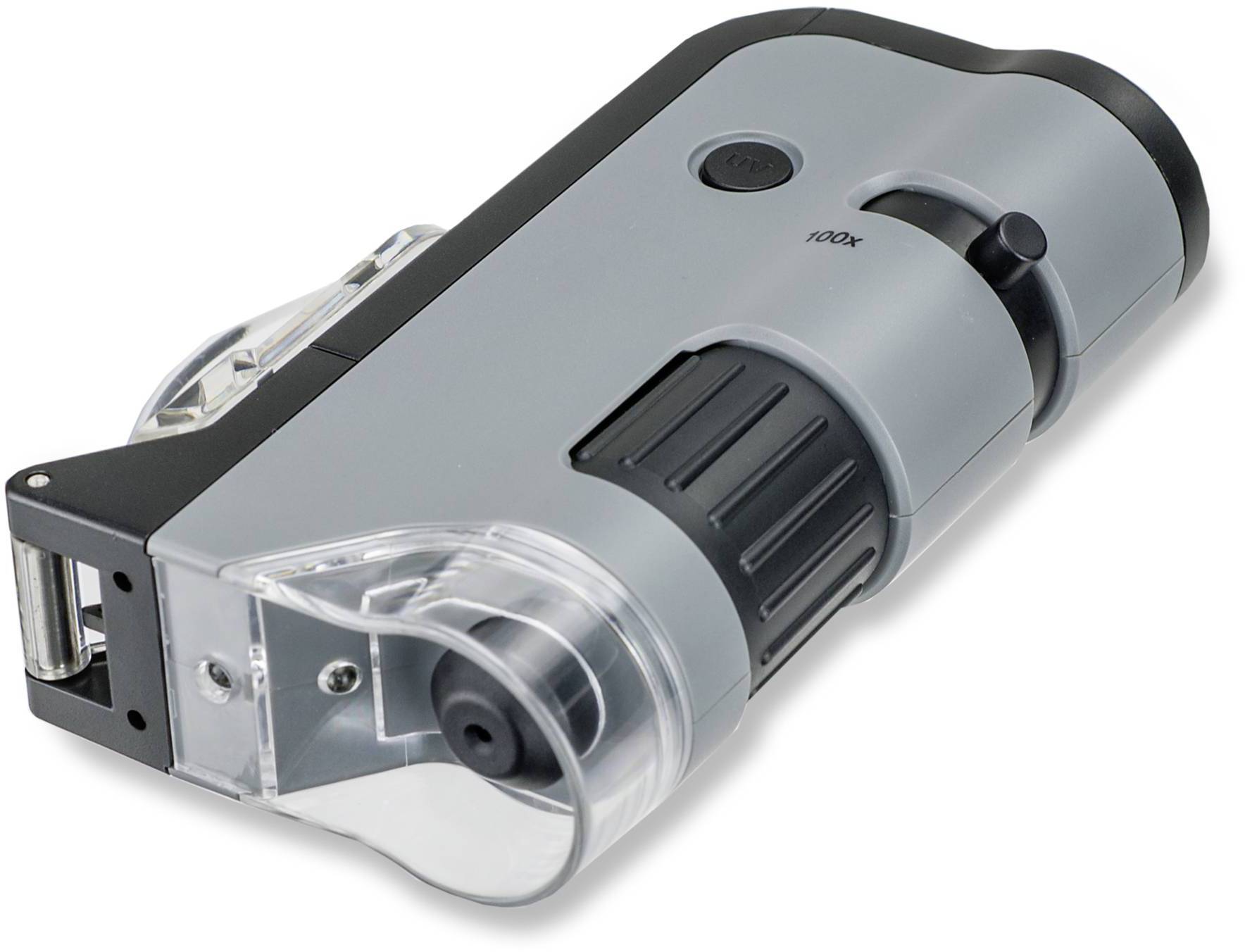 Tragbares Mikroskop in Silber mit schwarzem Griff und Fokus-Einstellrad. Ideal für detaillierte Vergrößerung unterwegs.