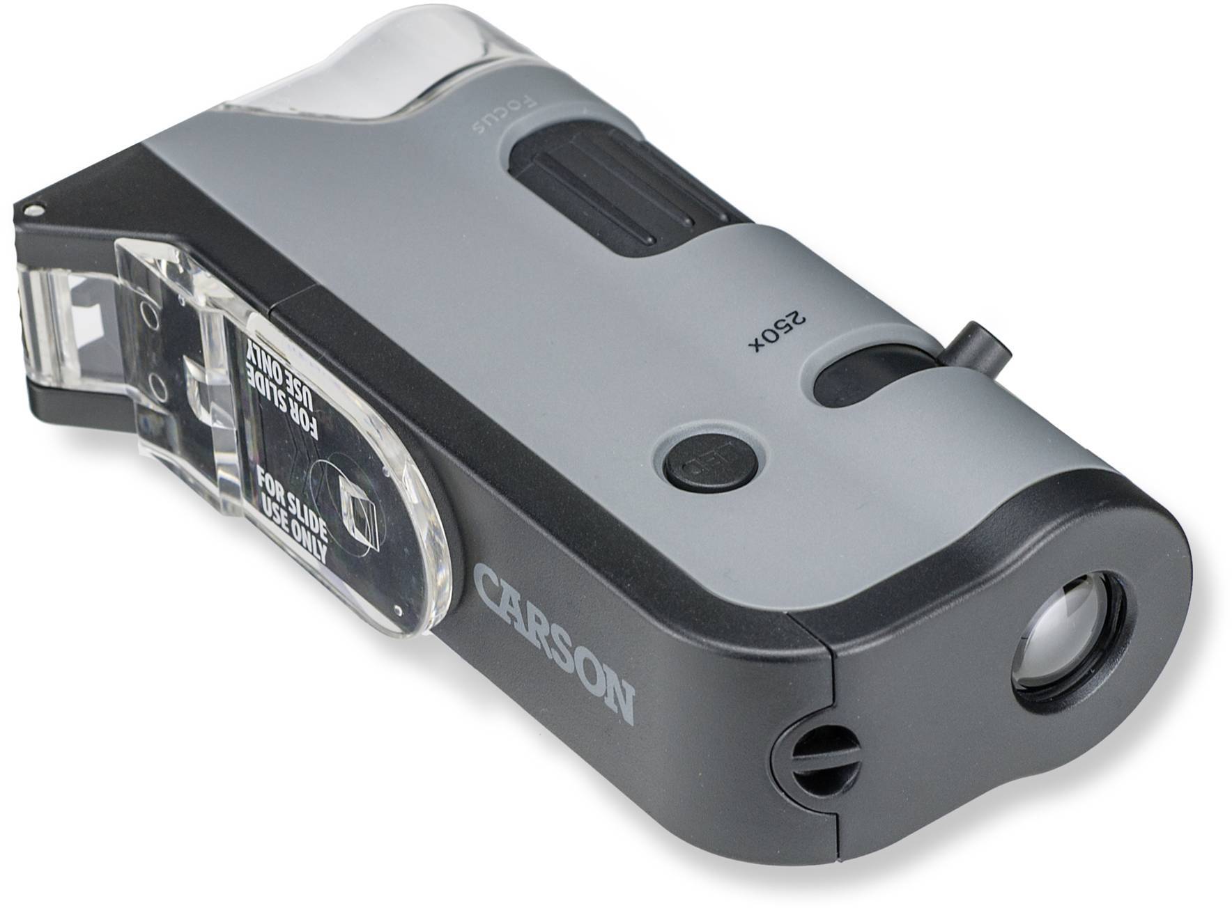 Tragbares Handmikroskop in Grau und Schwarz mit 250-facher Vergrößerung, geeignet für den Einsatz in der Schule oder zu Hause.