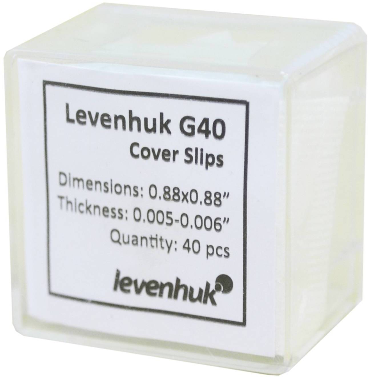 'Levenhuk G40 Cover Slips', ein rechteckiger Behälter mit Abdeckgläsern. Aufdruck: Größe 0,88x0,88", Dicke 0,005-0,006", Menge 40 Stück.
