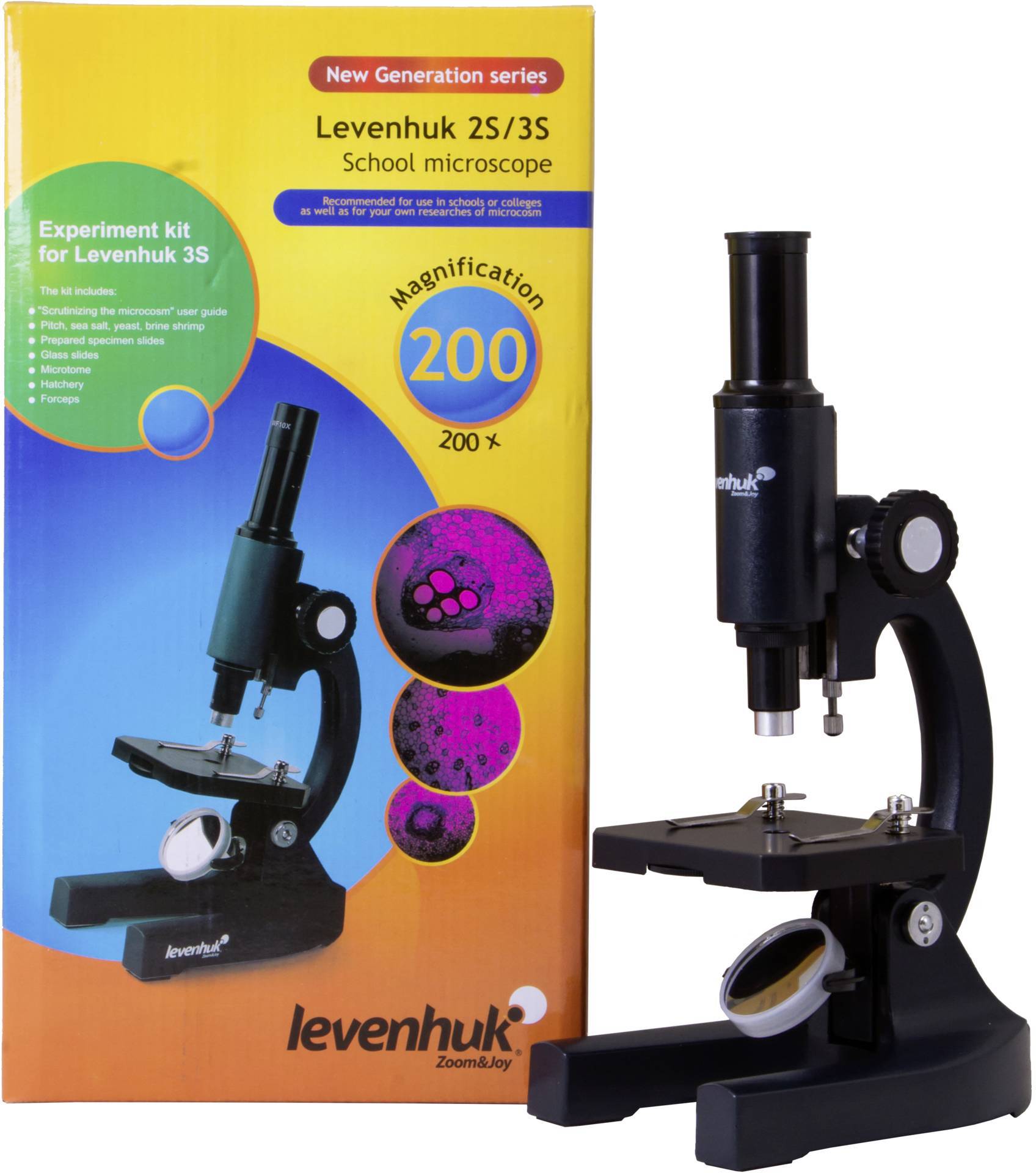 Ein Schulmikroskop der Marke Levenhuk neben seiner farbenfrohen Verpackung, die Vergrößerung '200x' und 'Experimentkit' zeigt.