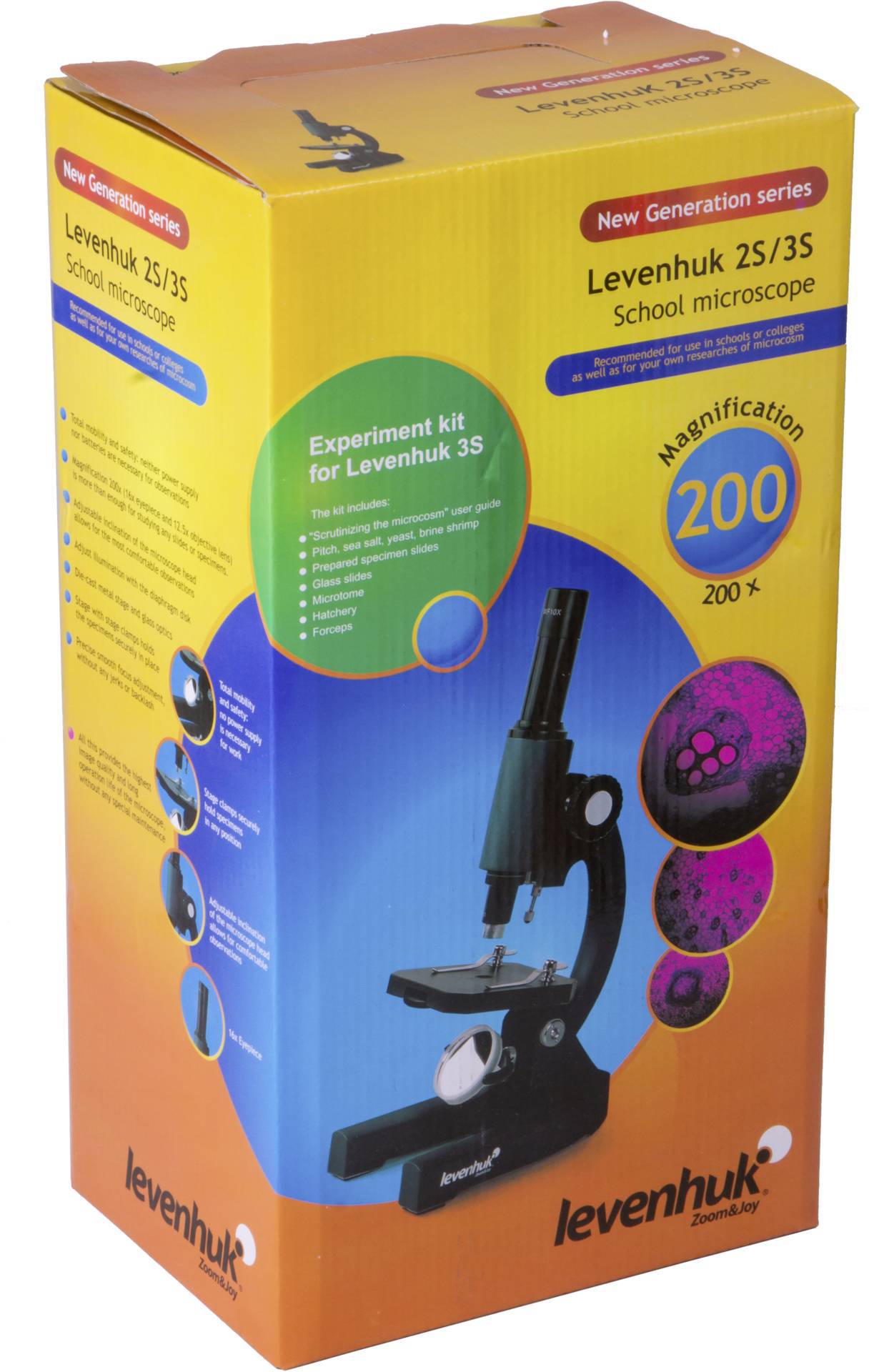 Verpackung eines Levenhuk Schulmikroskops, Modell 2S/3S, mit 200-facher Vergrößerung. Enthält ein Experimentierset.