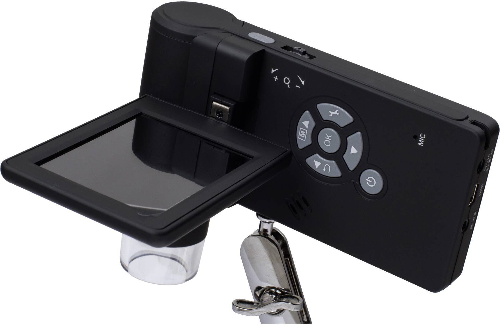 Handheld-Digitalmikroskop mit klappbarem Bildschirm, Objektiv, Bedientasten und Standhalterung, geeignet für Nahaufnahmen.