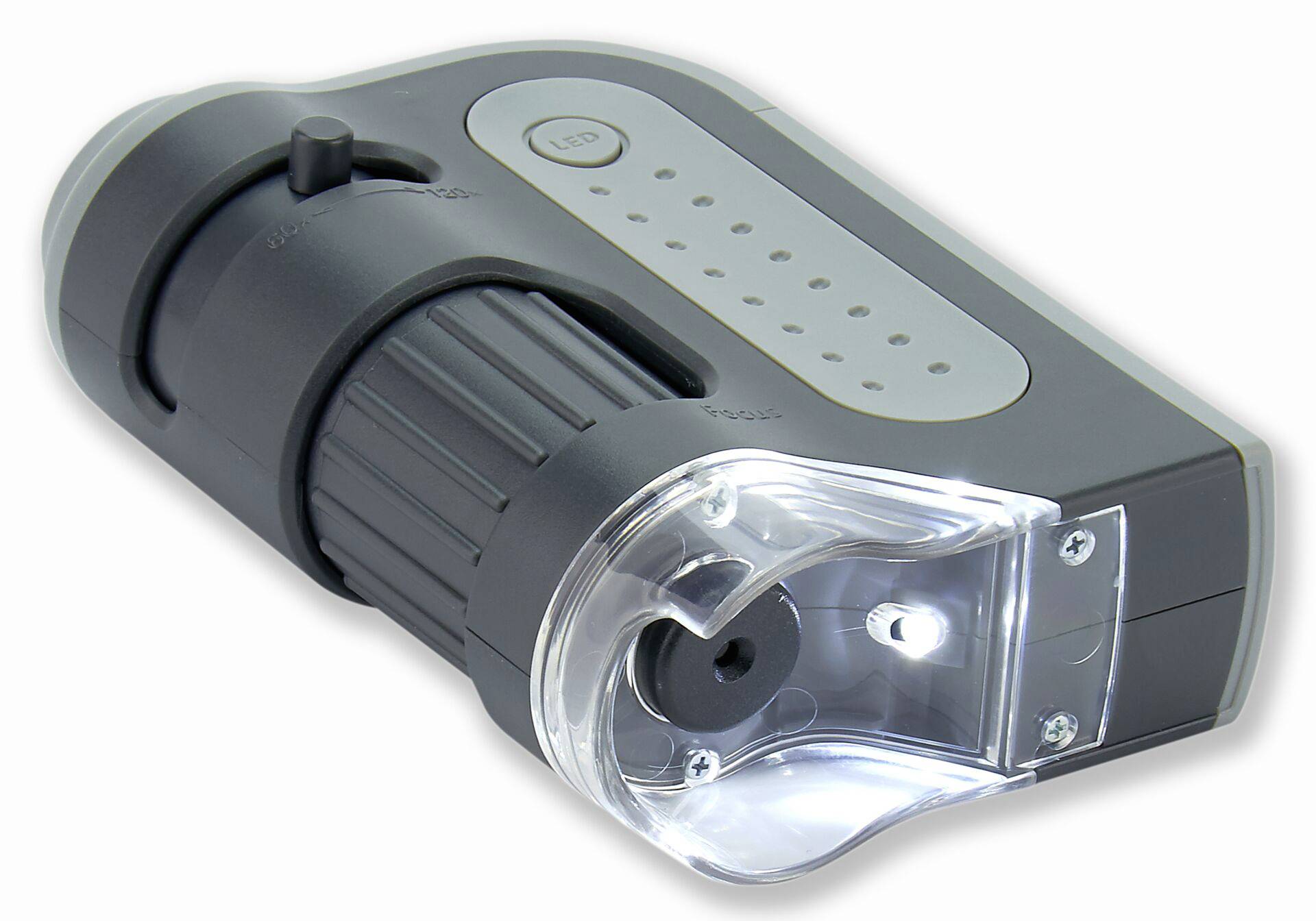 Taschenlampe mit LED-Licht und justierbarem Griff, grau-schwarzes Design, geeignet für Outdoor-Aktivitäten.