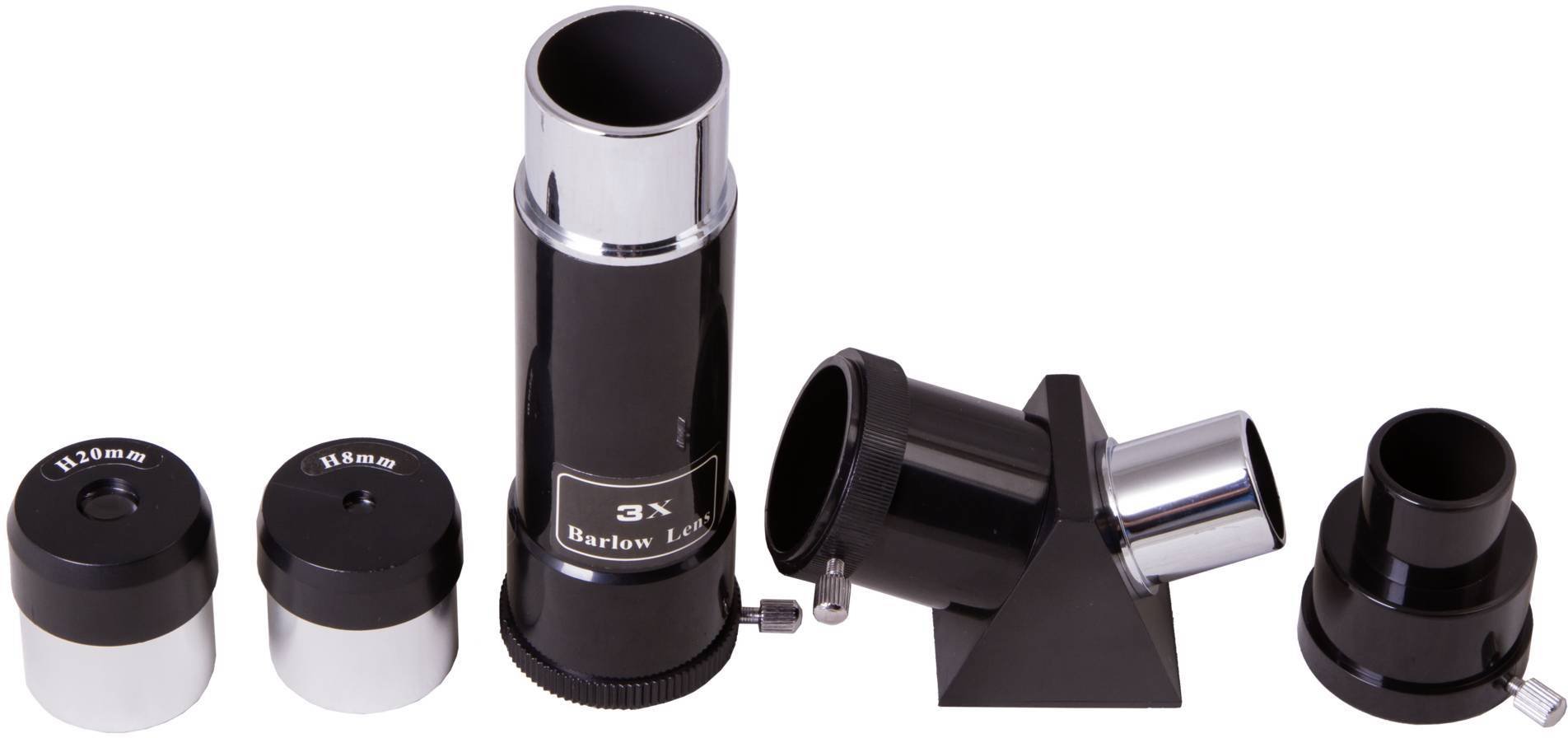 Teleskop-Zubehör: Zwei Okulare, eine 3-fache Barlow-Linse und ein 90-Grad-Diagonalspiegel, die die Vergrößerung verbessern.