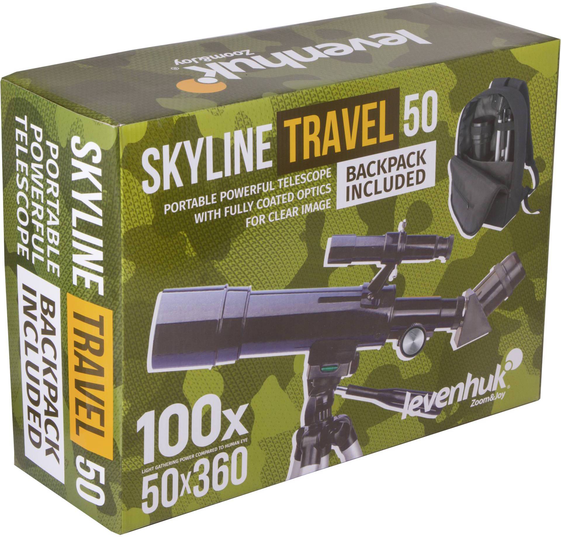 Teleskop-Verpackung mit der Aufschrift 'Skyline Travel 50' und '100x 50x360'. Enthält tragbares Teleskop und Rucksack.
