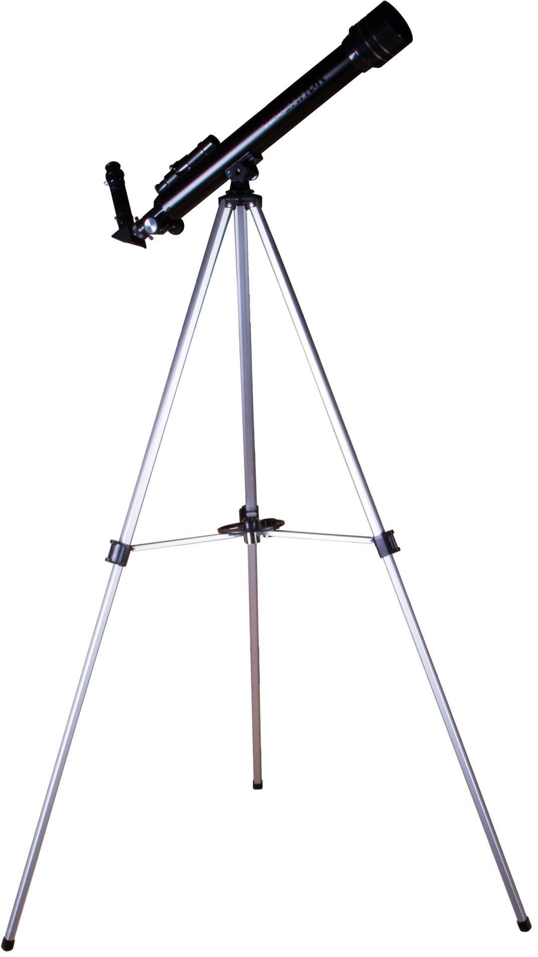Ein schwarzes Teleskop auf einem dreibeinigen Stativ, bereit zur Himmelsbeobachtung.