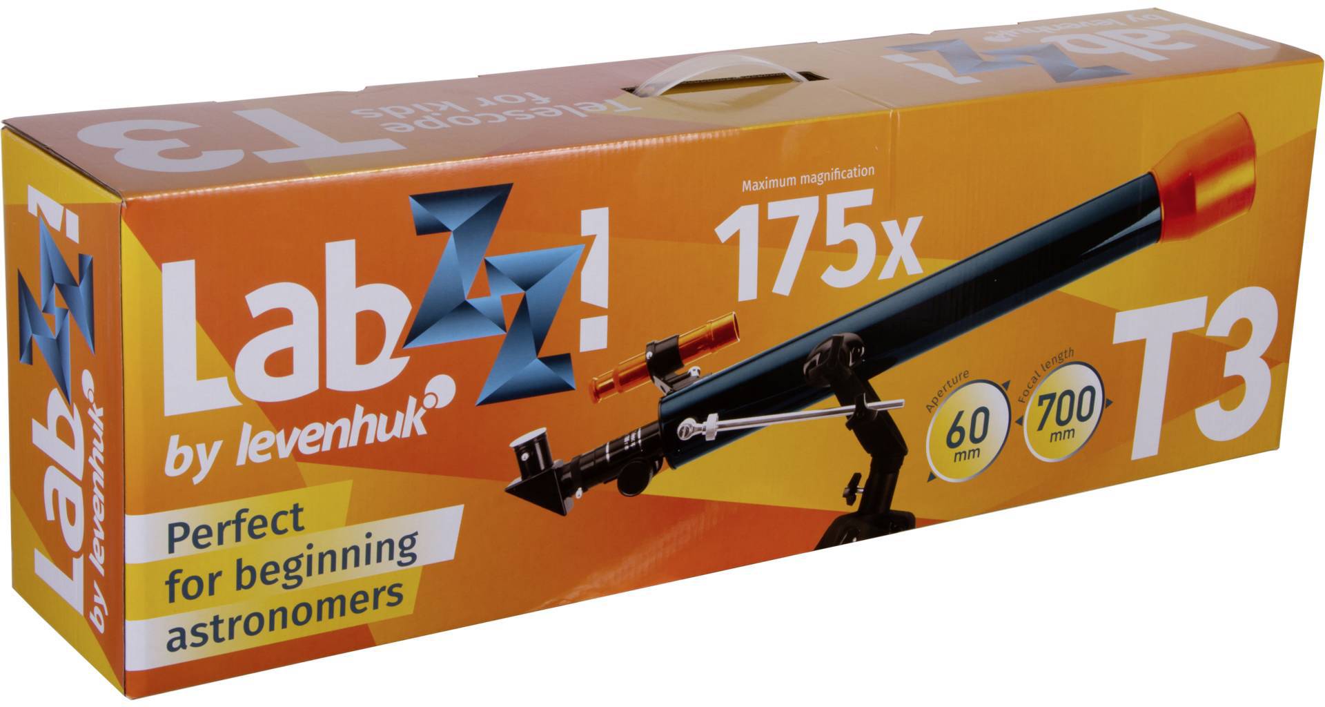 Verpackung eines Teleskops mit der Aufschrift 'LabZZ T3', '175x Vergrößerung', '60 mm', '700 mm', ideal für angehende Astronomen.
