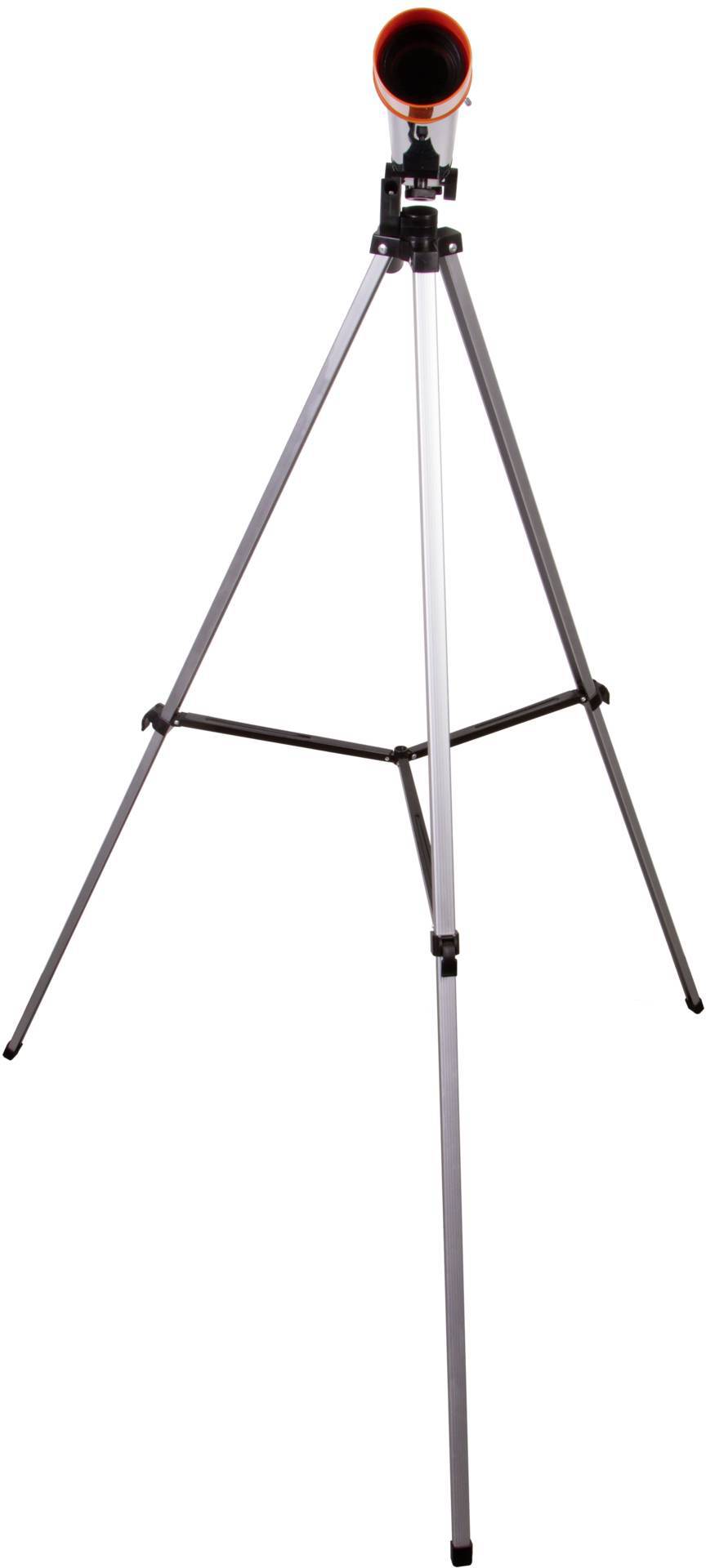 Teleskop auf einem Dreibeinstativ, frontal fotografiert.