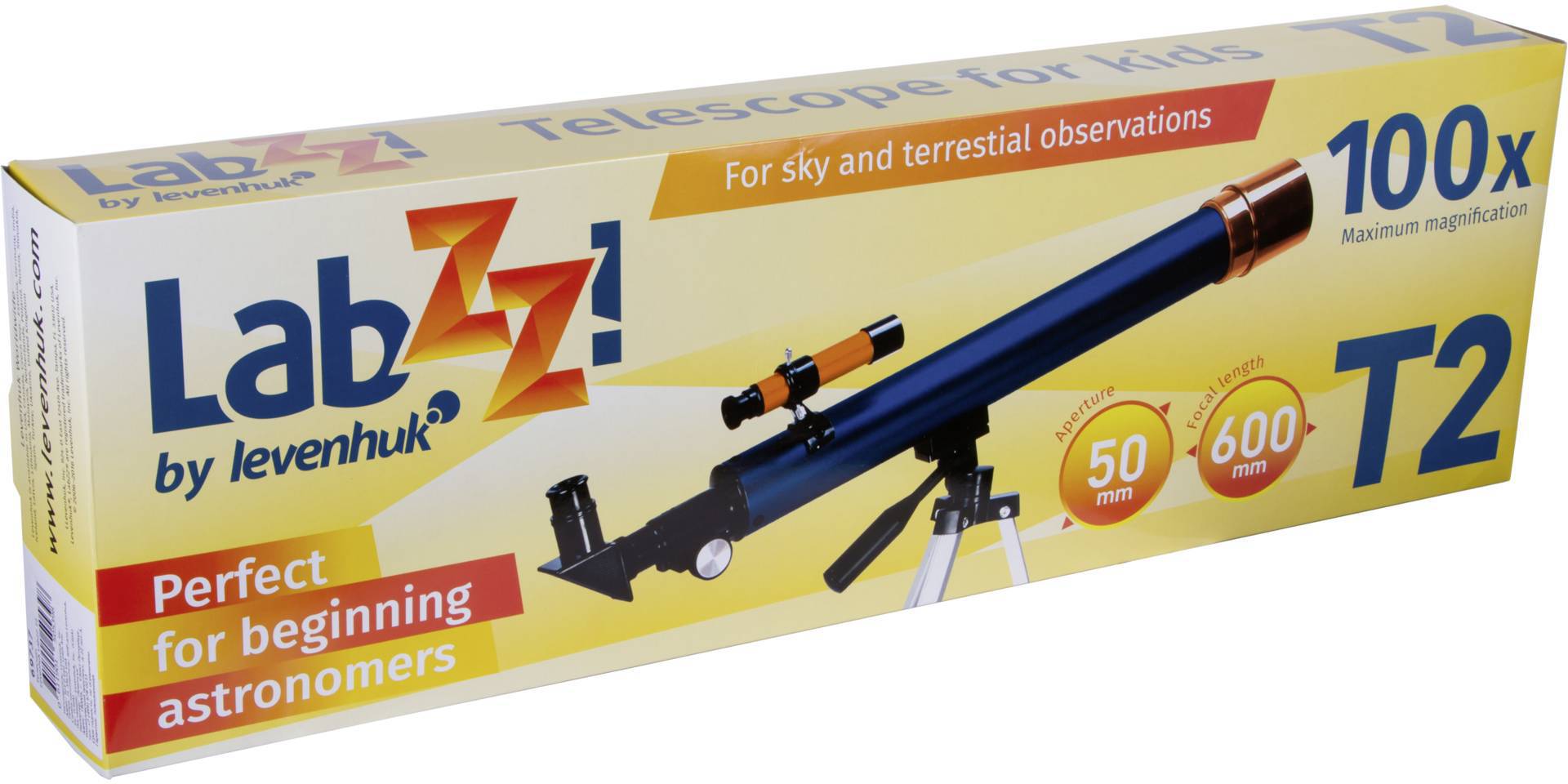 Eine Verpackung mit einem Teleskop für Kinder. Text: 'LabZZ! T2', '100x Vergrößerung', 'Für Himmels- und terrestrische Beobachtungen'.