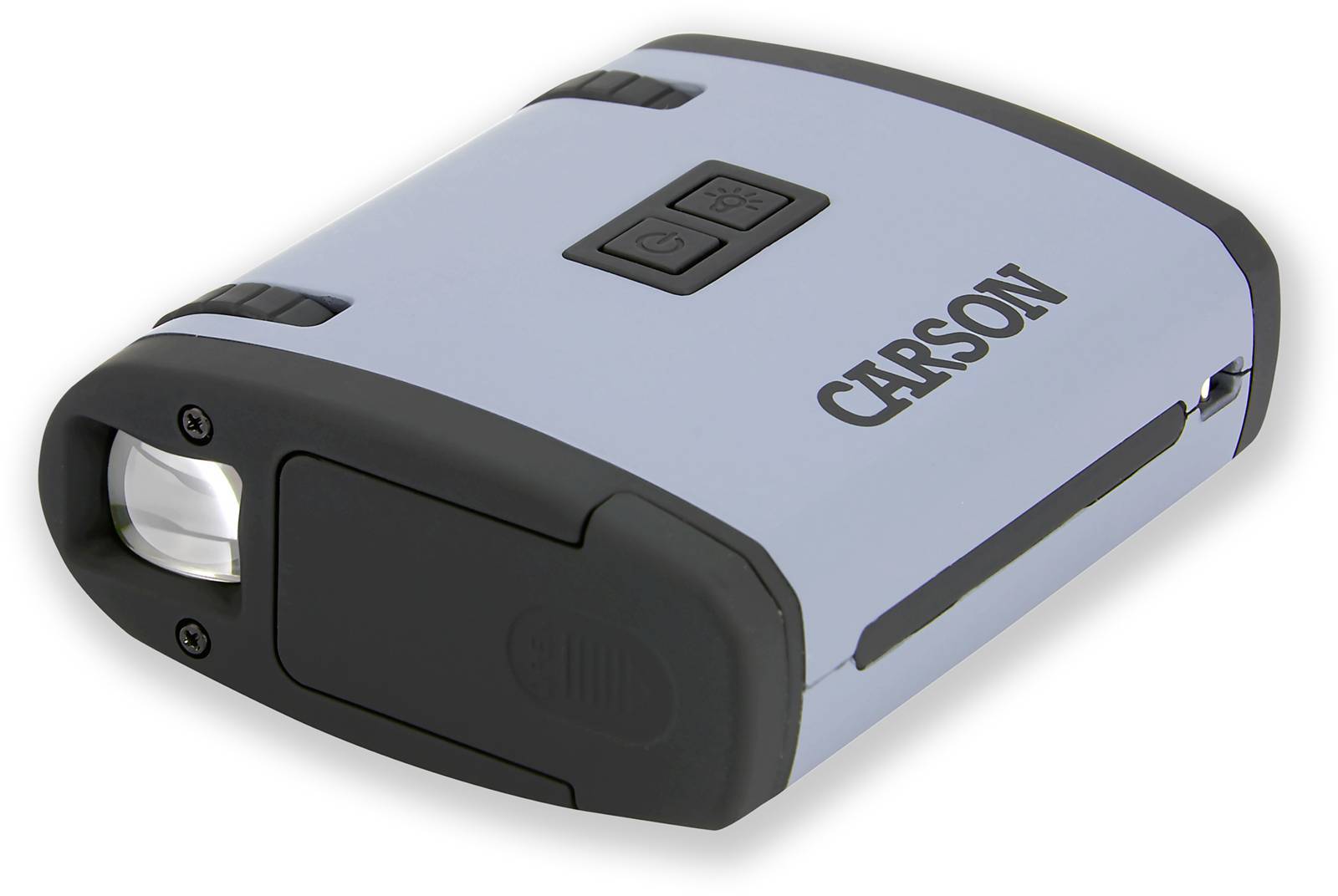 Tragbares Mikroskop in Blau mit schwarzem Rand und der Aufschrift 'CARSON', ausgestattet mit LED-Licht und Fokussierrad.