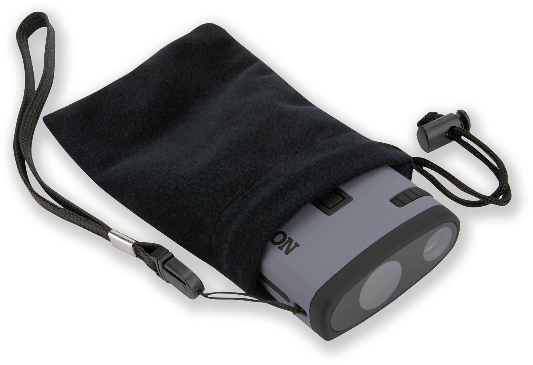 Ein Fernglas in einer schwarzen Stofftasche mit Kordelzug, teilweise sichtbar, bereit für den Transport oder die Lagerung.