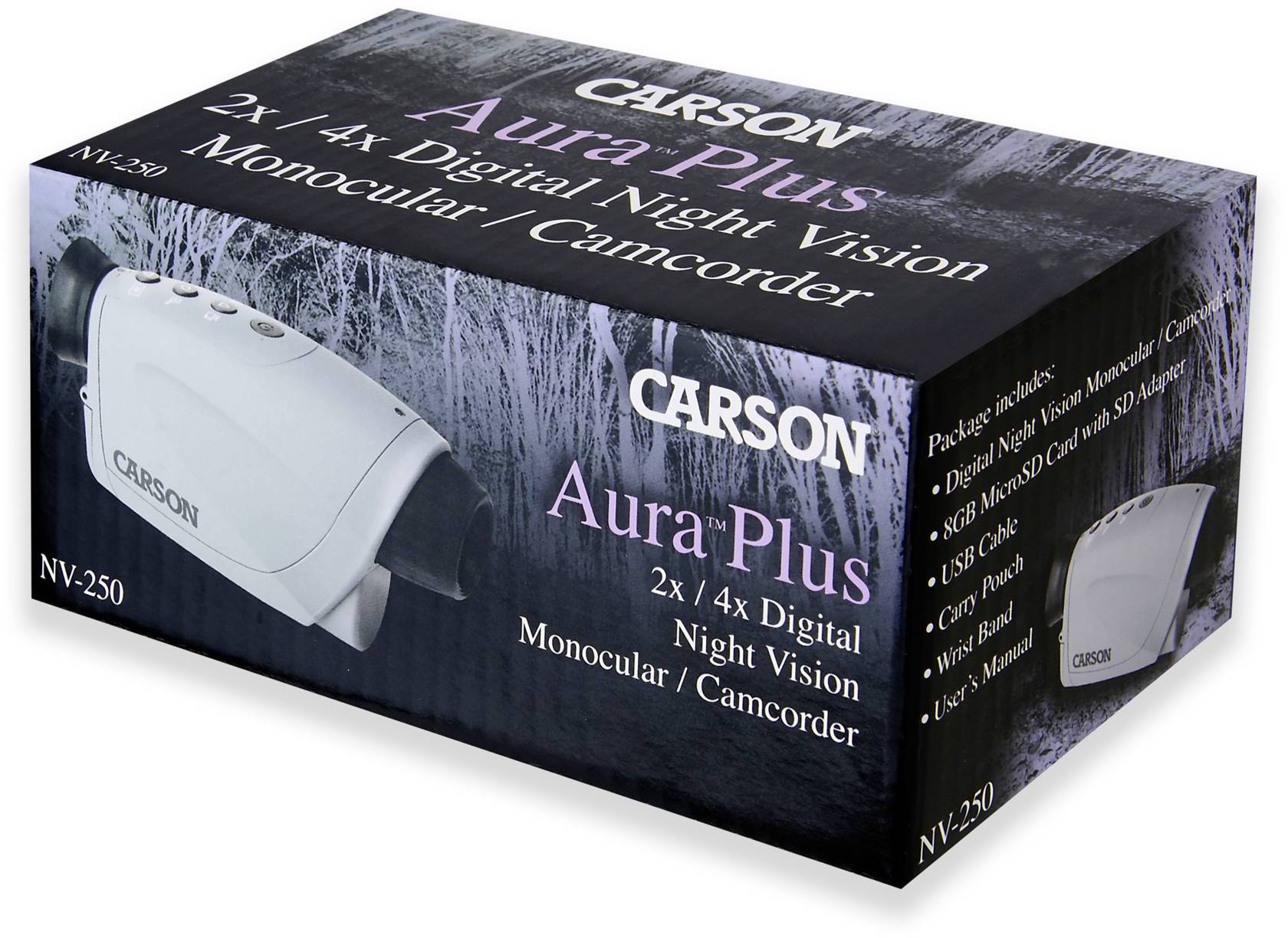 'Carson Aura Plus NV-250' Nachtsicht-Monokular und Camcorder, mit 2x/4x digitalem Zoom. Verpackung zeigt Produktbild und Funktionen.