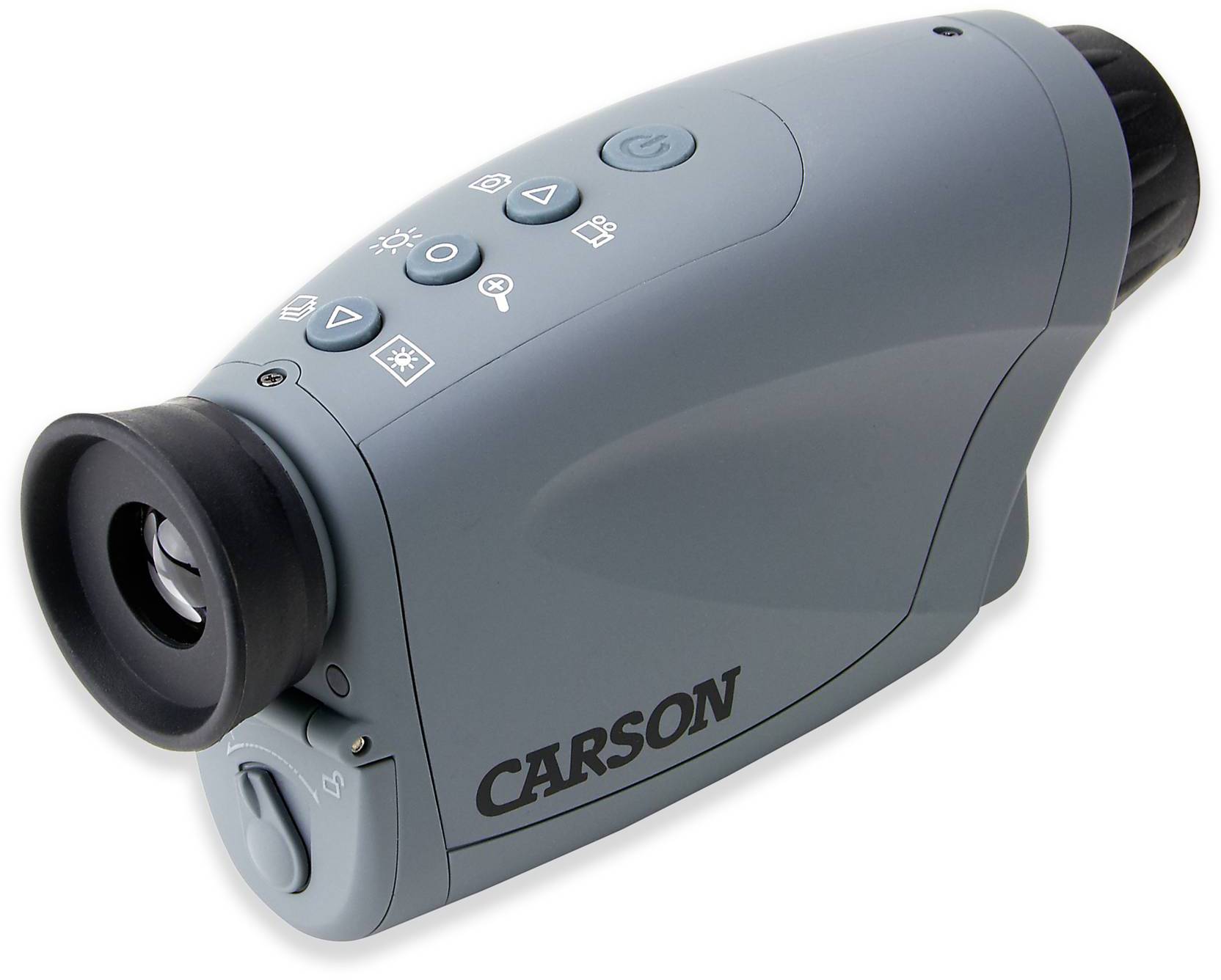 Ein digitales Nachtsichtgerät mit mehreren Bedienknöpfen und einer Linse, Markenname 'Carson' auf der Seite.