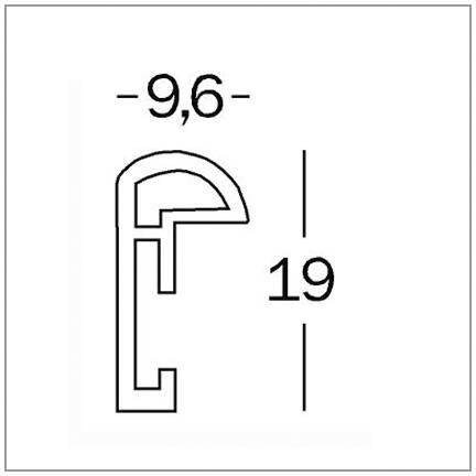 Maßzeichnung eines Profils mit einem Bogen und einem rechten Winkel. Die Höhe beträgt 19 mm, die Breite oben 9,6 mm.
