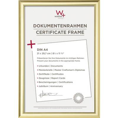 Ein goldener Dokumentenrahmen von Walther Design, geeignet für DIN A4-Dokumente wie Urkunden, Meisterbriefe, Zertifikate und Zeugnisse.