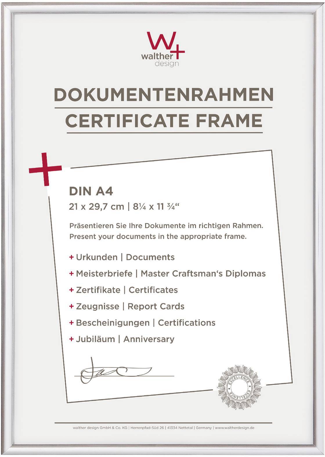 'Dokumentenrahmen Certificate Frame' mit DIN A4 Maßen. Auflistung: Urkunden, Diplome, Zertifikate, Zeugnisse, Bescheinigungen, Jubiläum. Enthält Walther-Logo.
