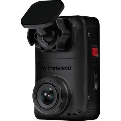 Kompakte schwarze Dashcam mit Weitwinkelobjektiv, WLAN-Fähigkeit und rotem seitlichen Knopf, montierbar durch Sockel oben.