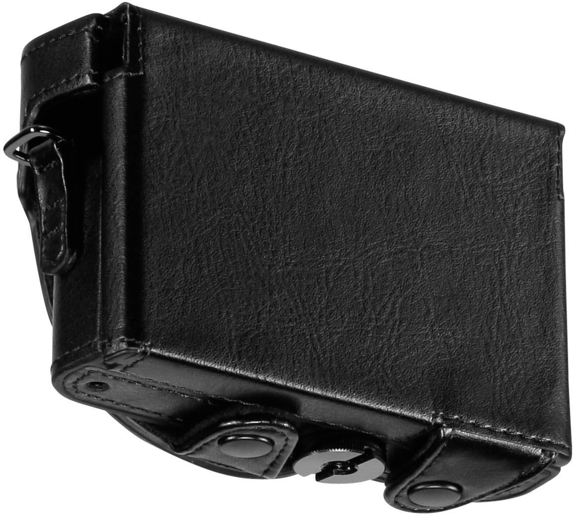 Schwarze Lederkamera-Tasche mit Schnappverschluss und Riemenhalterung.