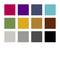 Zwölf quadratische Farbfelder in drei Reihen. Farben umfassen Rot, Violett, Blau, Türkis, Grün, Gelb, Braun, Beige, Grau, Schwarz.