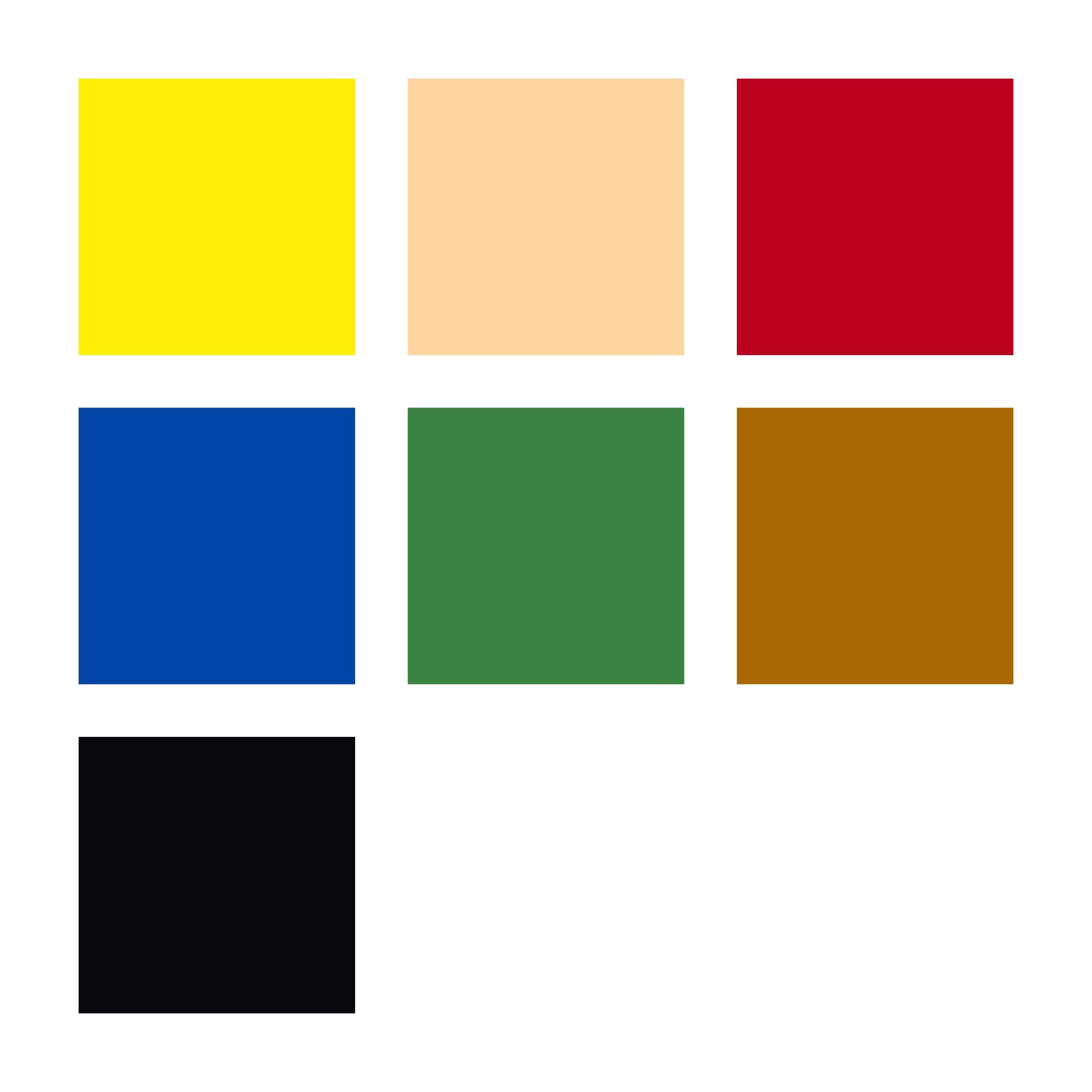 Sechs bunte Quadrate in Gelb, Beige, Rot, Blau, Grün und Braun sowie ein schwarzes Quadrat unten links.