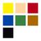 Sechs bunte Quadrate in Gelb, Beige, Rot, Blau, Grün und Braun sowie ein schwarzes Quadrat unten links.