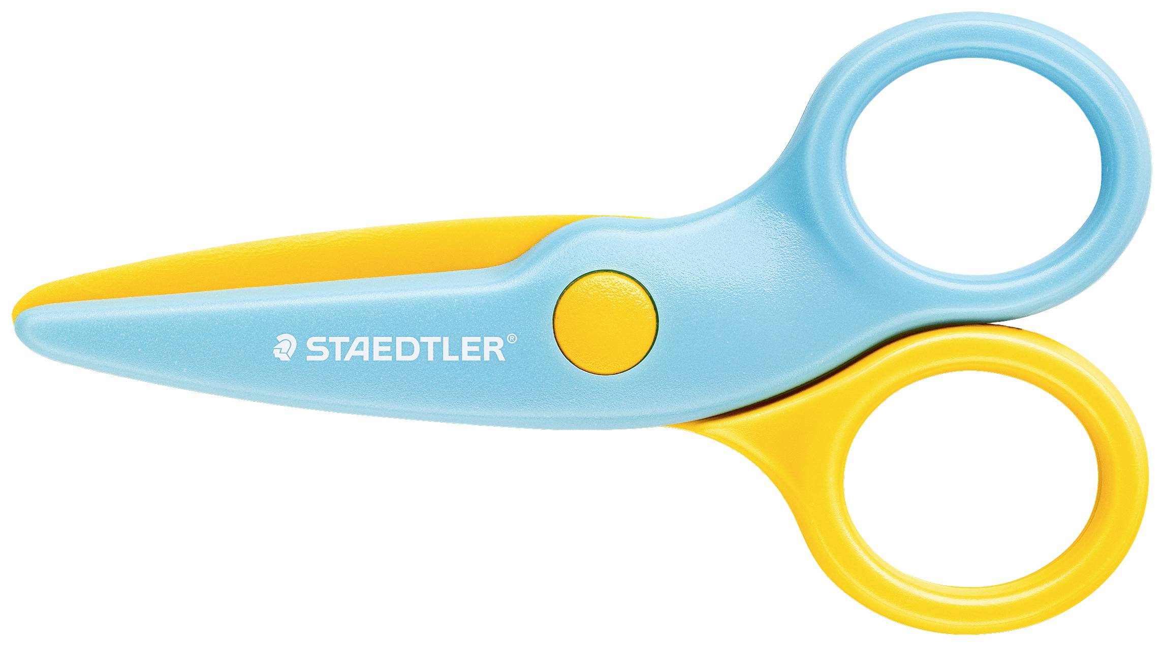 Blaue Kinderschere mit gelbem Griff, geeignet für sicheres Basteln, Markenlogo auf der Klinge.