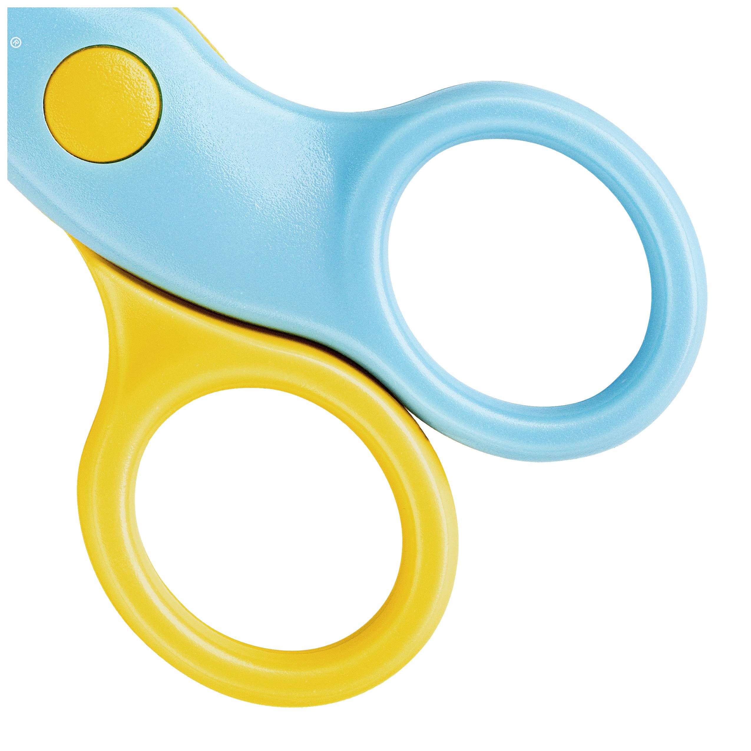 Eine bunte Schere mit gelbem und blauem Griff, zwei runden Öffnungen und abgerundeten Enden.