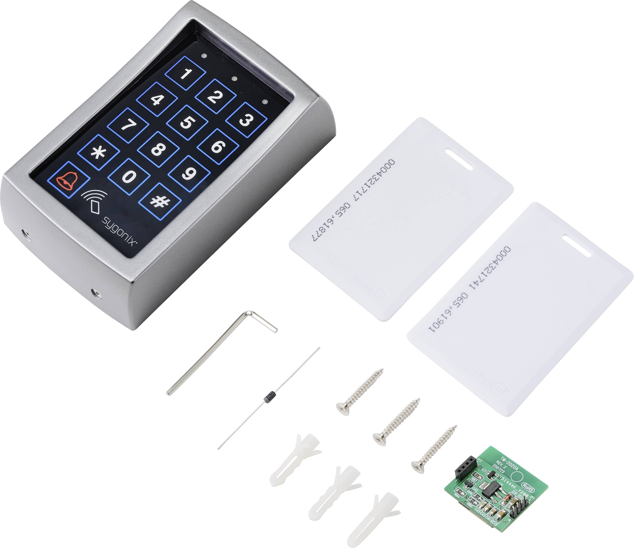 'Zugangskontrollsystem mit elektronischem Tastenfeld und RFID-Karten. Zubehör umfasst Montageschrauben, Schraubendreher, Widerstand und Platine.'