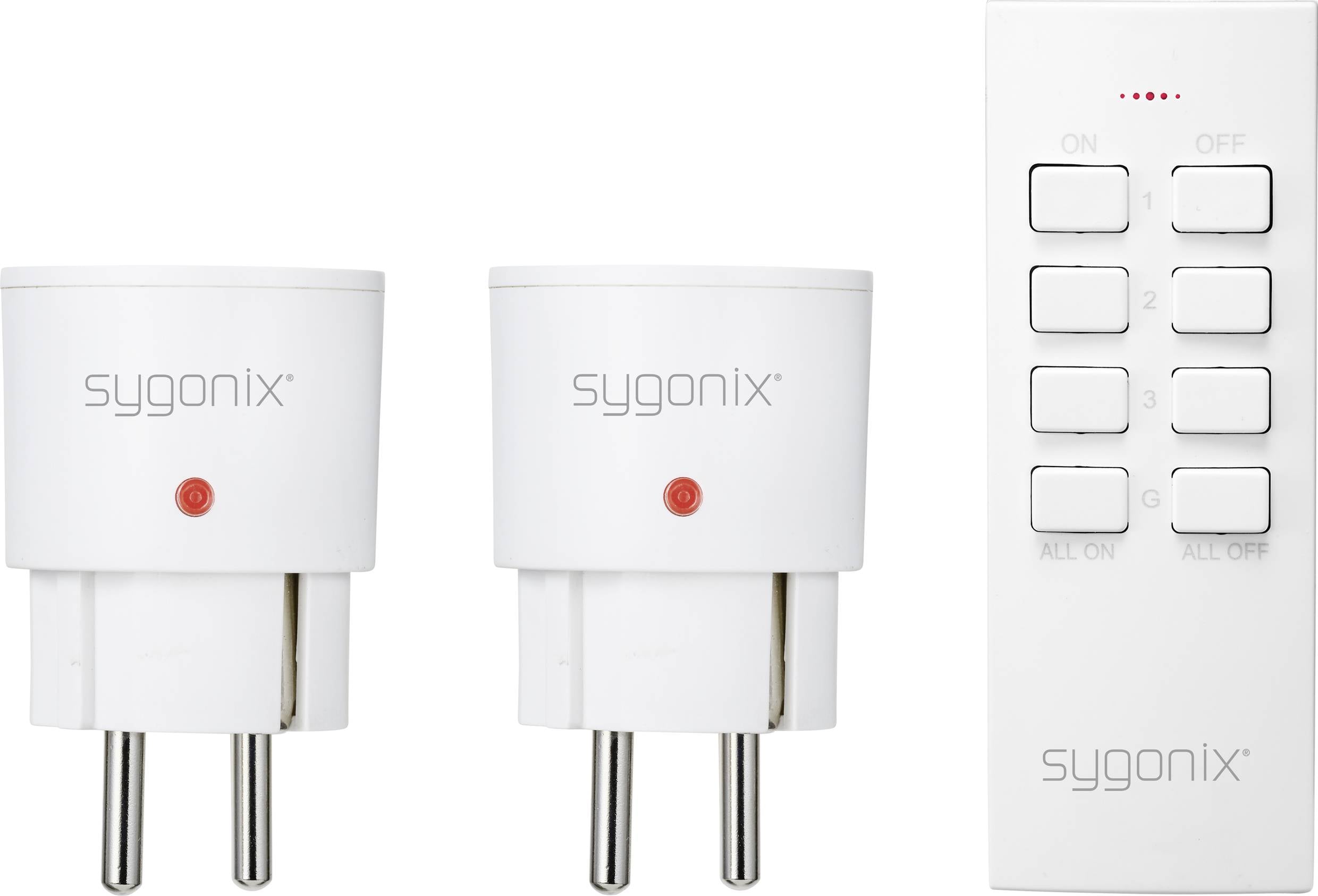 Zwei weiße sygonix Steckdosenadapter mit rotem Knopf, daneben eine weiße Fernbedienung mit Tasten für 'ON', 'OFF', 'ALL ON', 'ALL OFF'.