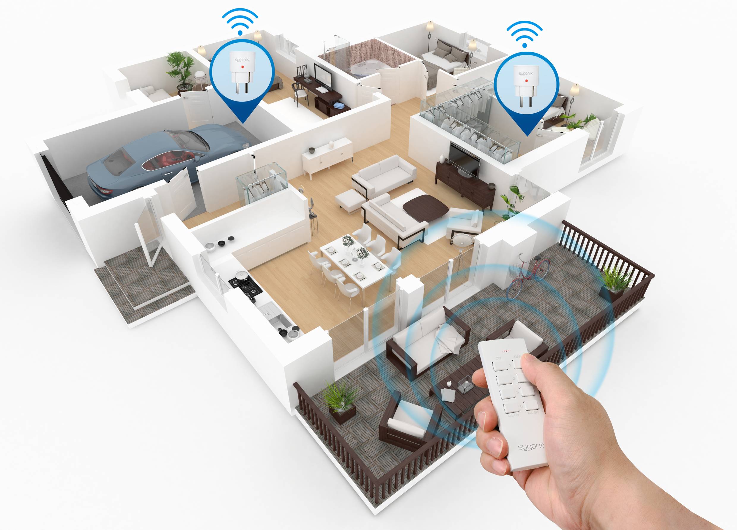 Eine Hand hält eine Fernbedienung, die mit einem modernen Wohnungsgrundriss verbunden ist. WLAN-Symbole zeigen smarte Geräte im Wohnzimmer und Schlafzimmer an.