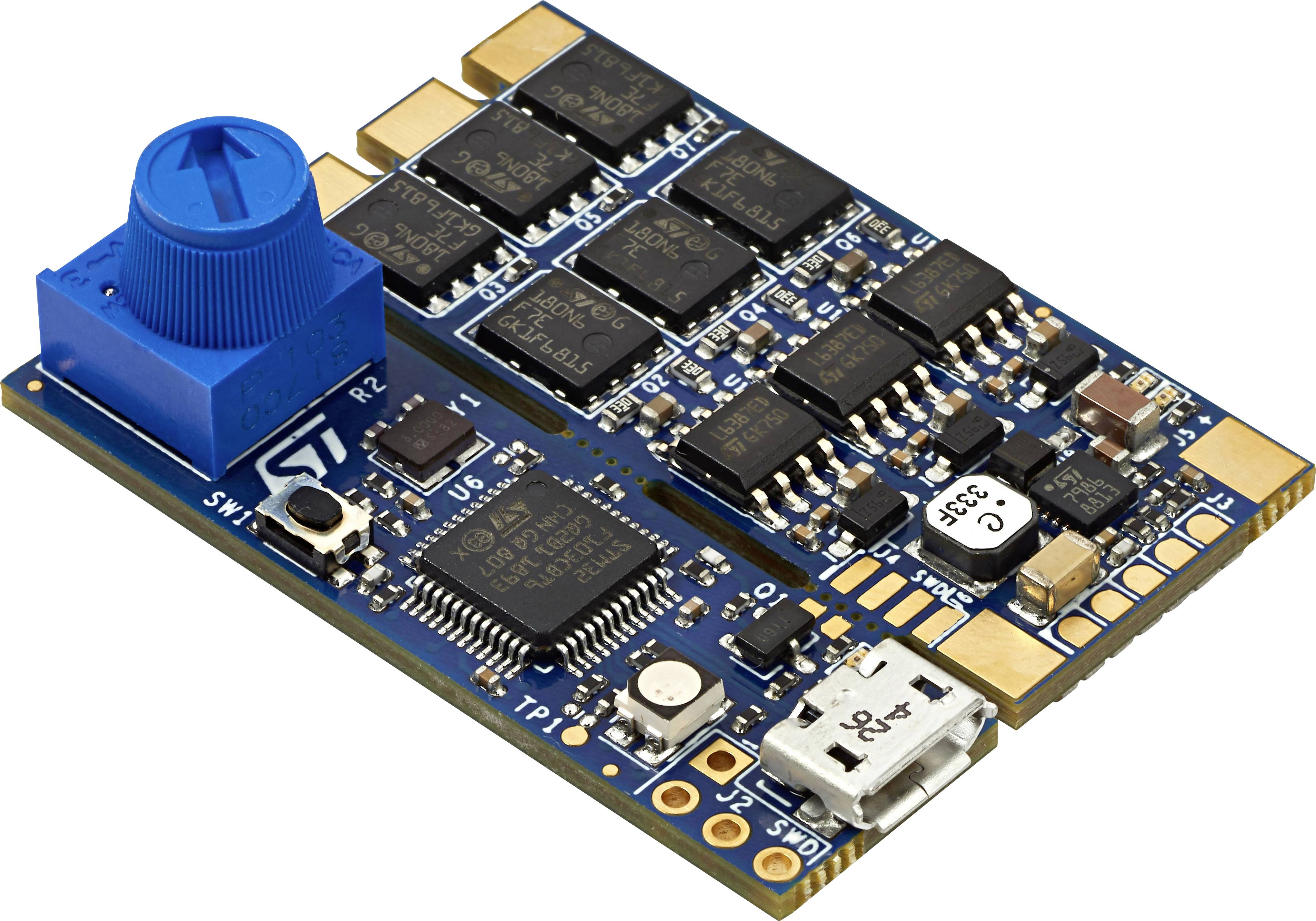 Eine blaue elektronische Leiterplatte mit mehreren Chips und Anschlüssen, darunter ein USB-Port und ein blauer Drehregler.