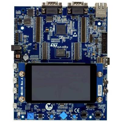Ein blaues Mikrocontroller-Entwicklungsboard mit mehreren Anschlüssen, Chips und einem LCD-Bildschirm in der Mitte.