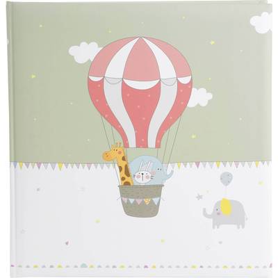 Eine bunte Zeichnung zeigt eine Giraffe und ein Hase in einem Heißluftballon, umgeben von Wolken und einem Elefanten am Boden.