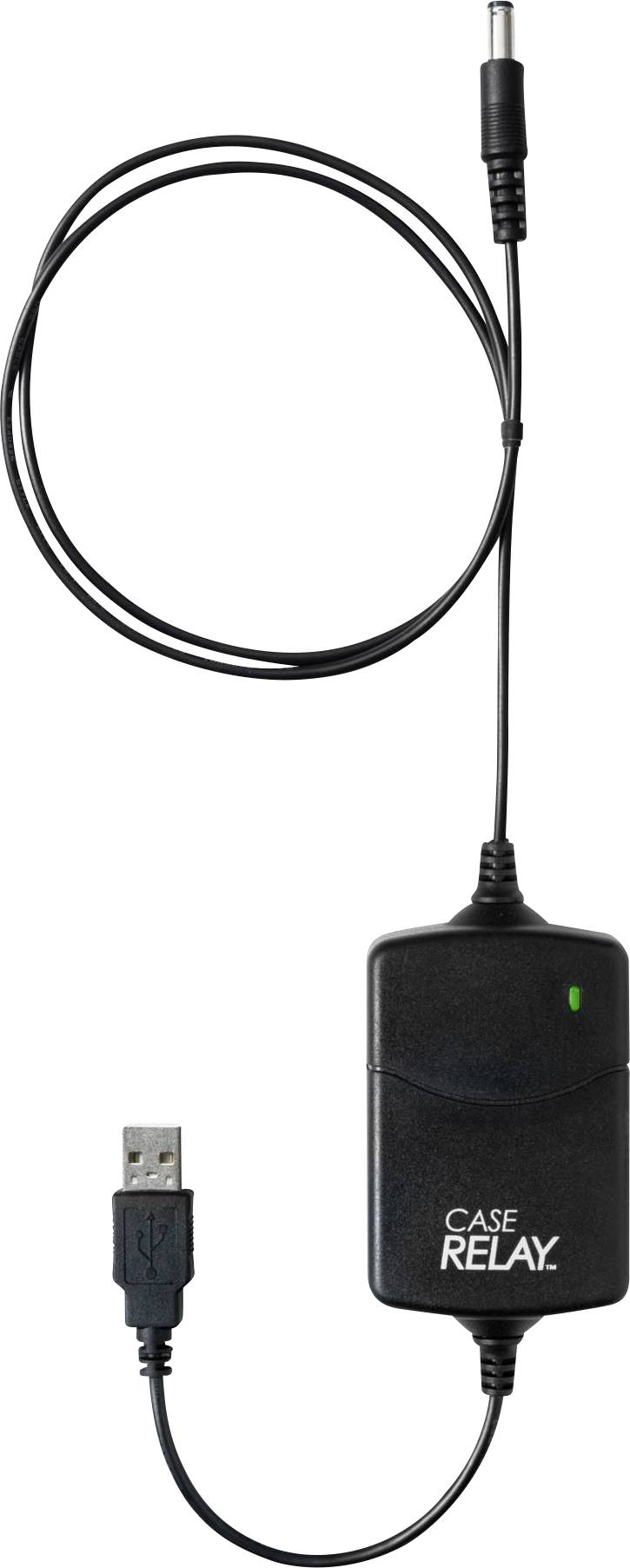 Ein schwarzes Stromkabel mit USB-Anschluss und einer Verbindung für Kameras, gekennzeichnet mit 'Case Relay'.