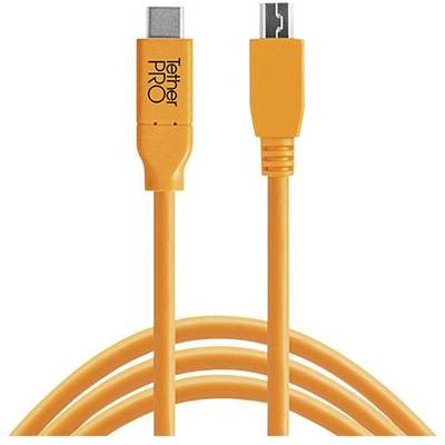 Orangefarbenes USB-Kabel mit der Aufschrift 'Tether Pro' an einem Stecker, geeignet für Datenübertragung und Verbindung von Geräten.