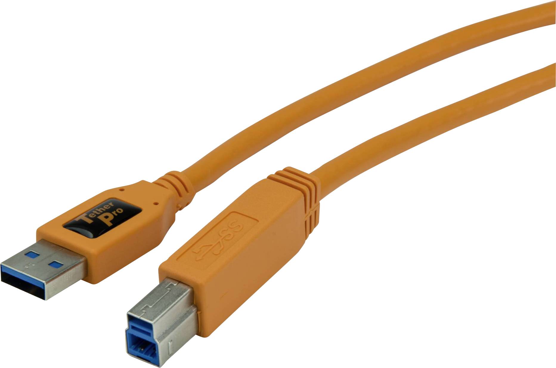 Orangefarbenes USB 3.0-Kabel mit einem Standard-USB-A-Stecker und einem USB-B-Stecker, geeignet für High-Speed-Datenübertragung.