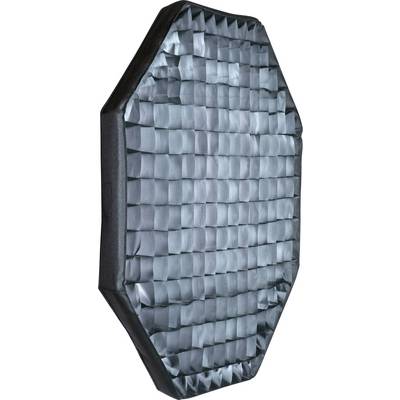 Eine schwarze, achteckige, gepolsterte Wanddekoration mit einem glänzenden, geflochtenen Muster in metallischen Blautönen.