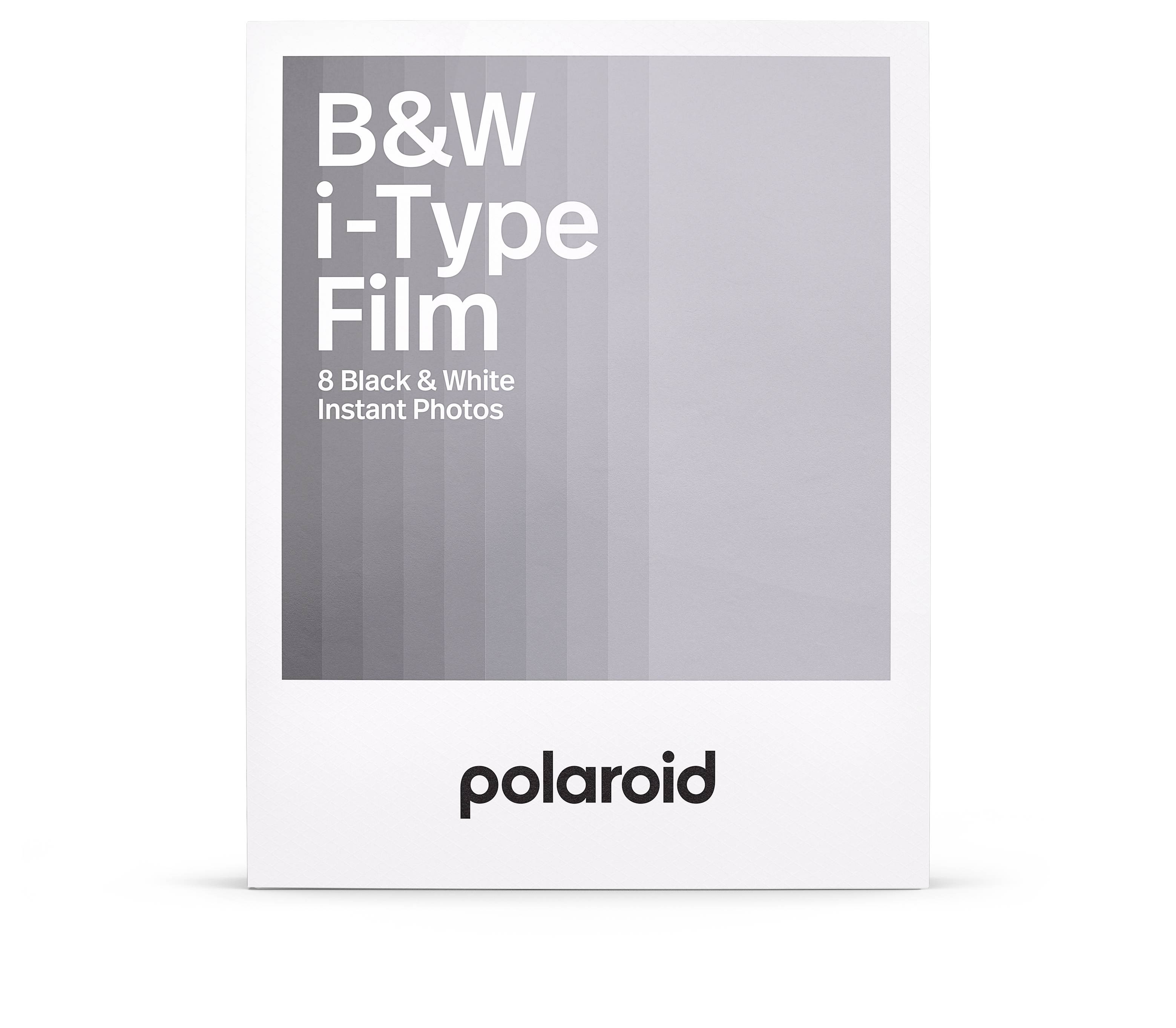 Schwarz-weiß Polaroid-Filmverpackung mit Text 'B&W i-Type Film, 8 Black & White Instant Photos'.