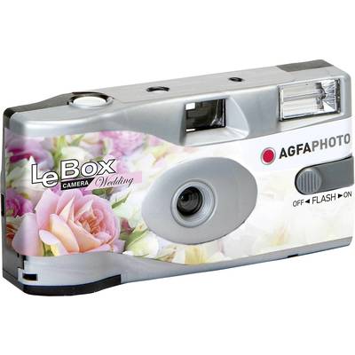 Eine Einwegkamera mit floraler Verzierung und der Aufschrift 'LeBox Camera Wedding'. Links ein Objektiv, rechts ein Blitzlicht.