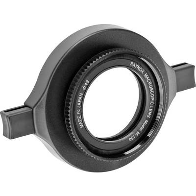 Nahaufnahme eines Raynox Makroskop-Objektivs Modell M-150, hergestellt in Japan. Das Objektiv hat eine schwarze, runde Fassung.