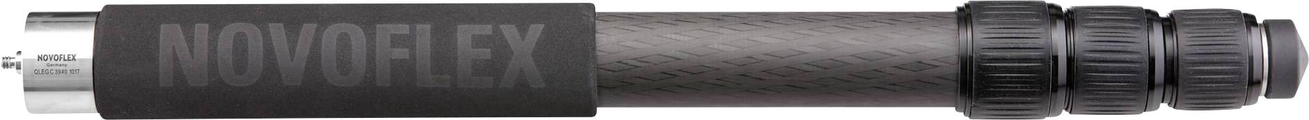 'Novoflex' neigbarer Carbon-Einbeinstativ, schwarzes Design mit ergonomischen Drehverschlüssen, ideal für Fotografie und Videoaufnahmen.